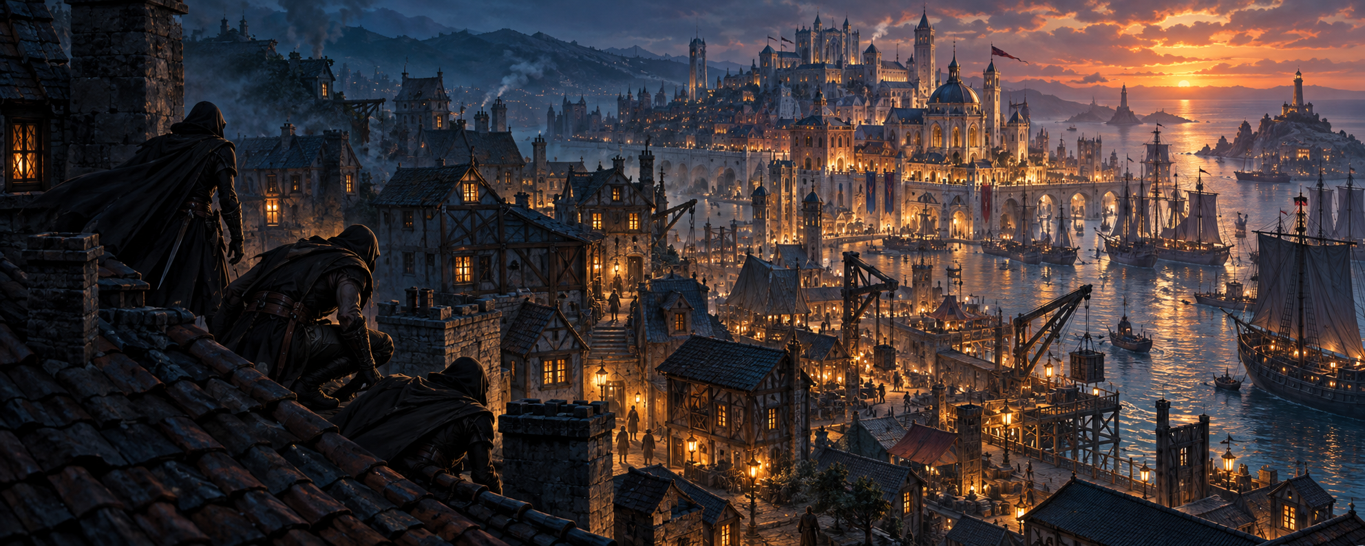 A lantern-lit fantasy harbor city seen across rooftops at dusk