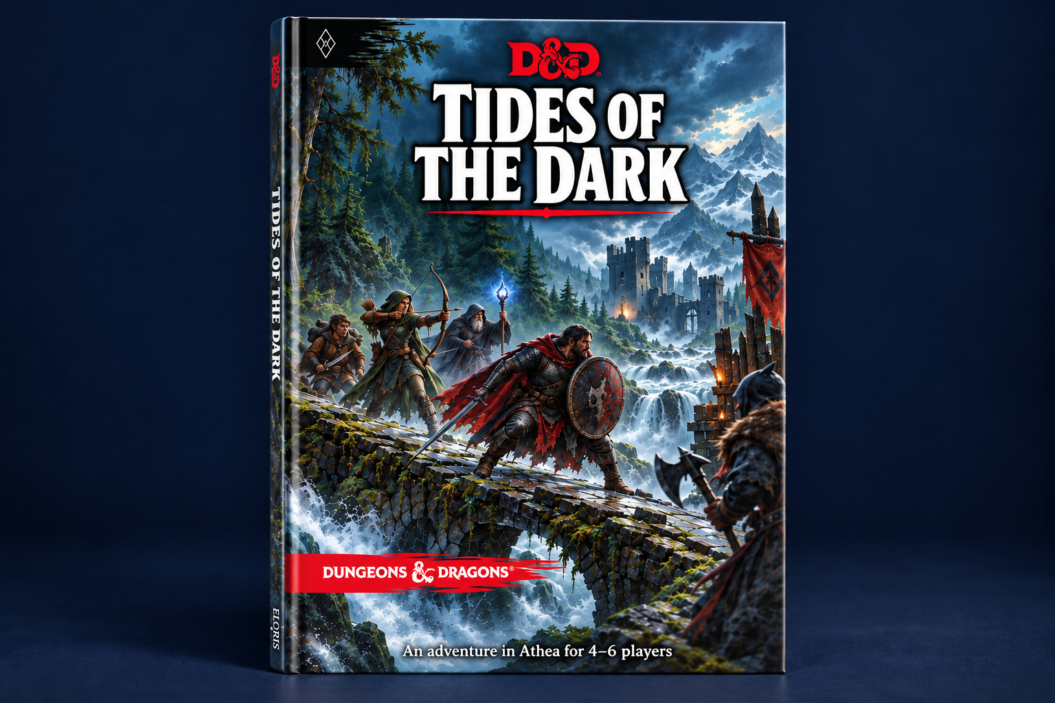 Portrait-format cover mockup of Tides of the Dark, with D&D branding, frontier adventure artwork, and a bold white title