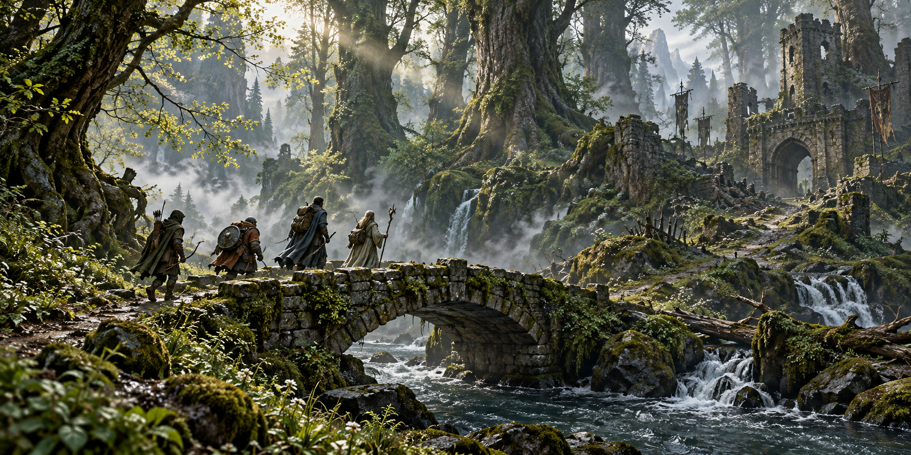 Adventurers crossing an old stone bridge into a misty ancient forest near a ruined border fort