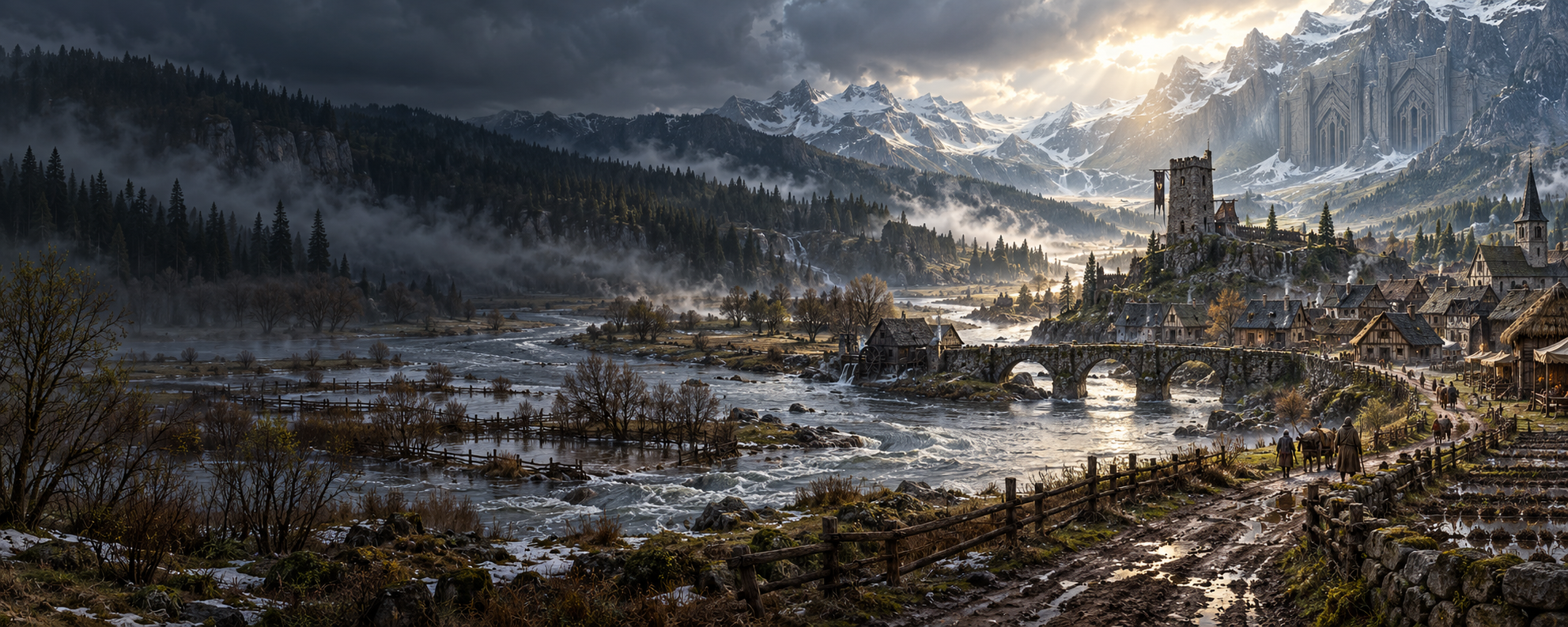 A spring frontier village surrounded by flooded fields beneath a distant mountain range