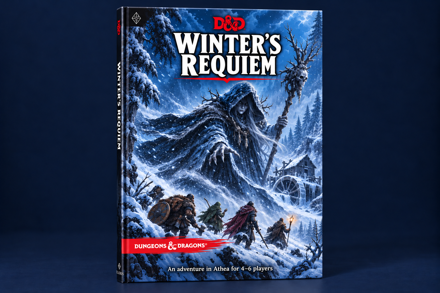 Portrait-format cover mockup of Winter’s Requiem, with D&D branding, snowy adventure artwork, and a bold white title