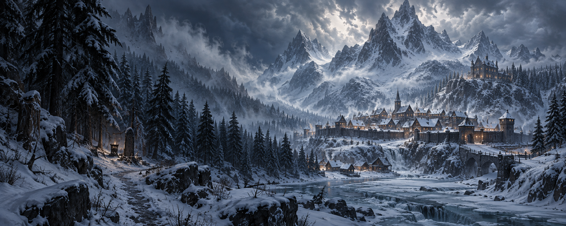 A snowbound northern village beneath mountains at the edge of a dark enchanted forest