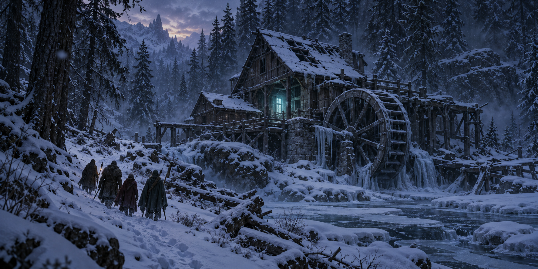 An abandoned lumber mill and frozen waterwheel hidden in a snowy forest